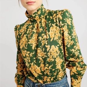 MILLE CHARLOTTE TOP EMERALD BOUQUET Blouse Button Back Long Sleeve Sz S